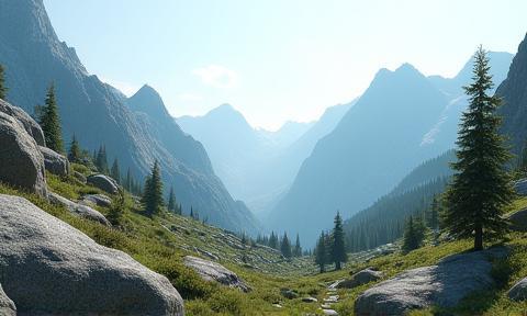 Screenshot from VR Alpine Explorer tech demo showing realistic mountain landscape